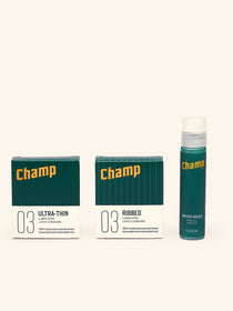 Champ The Starting Lineup Three ultra-thin condoms, three ribbed condoms, and one trial-size bottle of water-based lubricant.